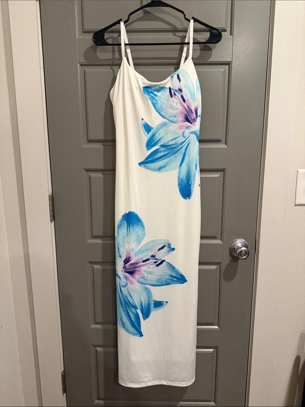 White Maxi Dress with Blue Floral Print - Women's Slip Dress